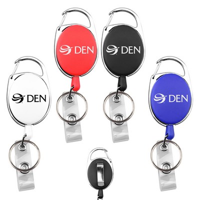 Oval retractable carabiner badge holder w/ key ring and clip